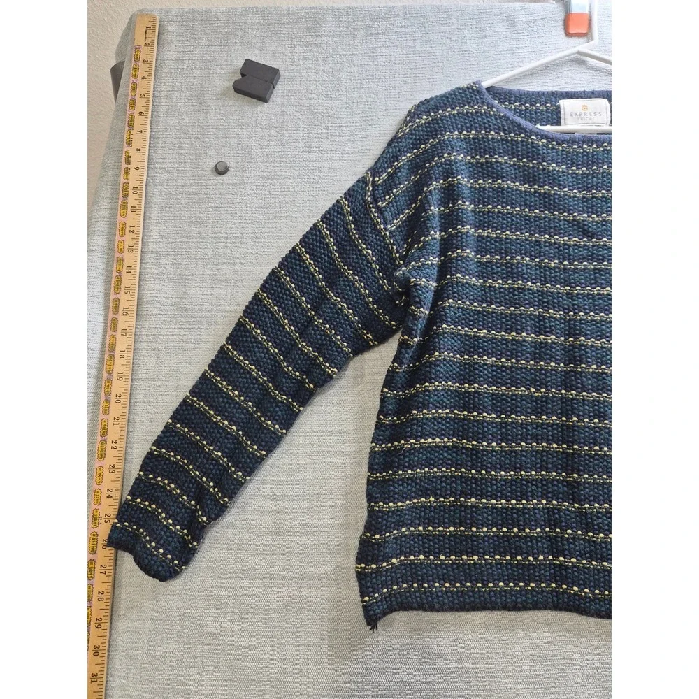 Express Tricot Sweater Womens Small Blue Striped Ramie Chunky Knit Boat Neck
